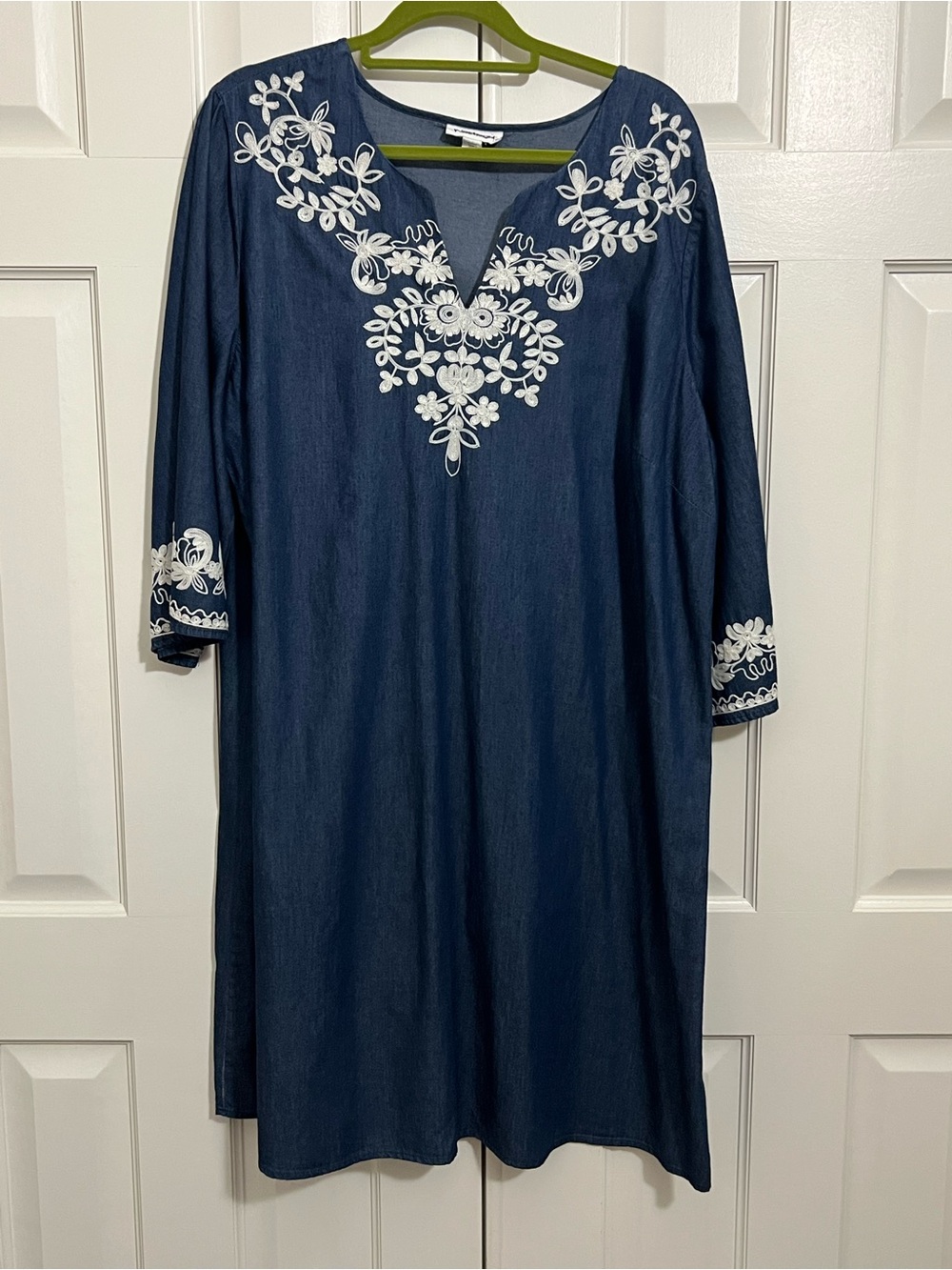 Westport Navy Denim Dress with White Floral Embroidery